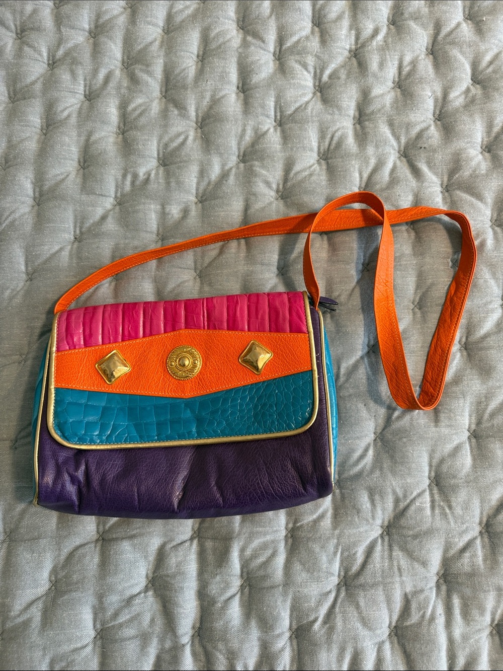 Vintage 1980s Leather Colorblock Crossbody Bag with Gold Embellishments